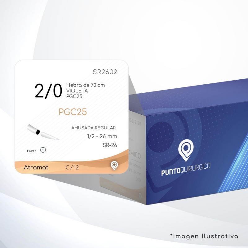 A+SR2602 2/0 Aguja 1/2 - 26 mm  AHUSADA REGULAR  SR-26 Hebra de 70 cm Tejidos cicatrizan Medianamente C/12