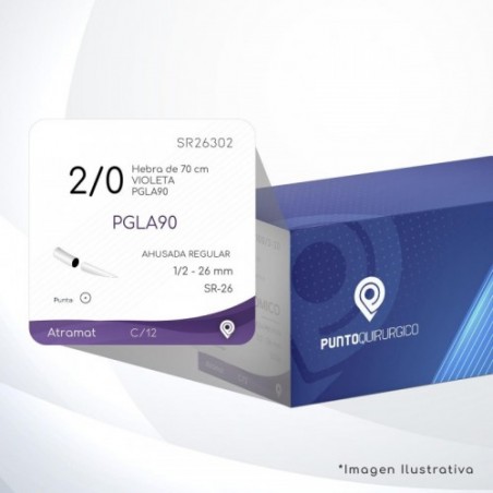 A+SR26302 2/0 Aguja 1/2 - 26 mm  AHUSADA REGULAR  SR-26 Hebra de 70 cm Cirugía General