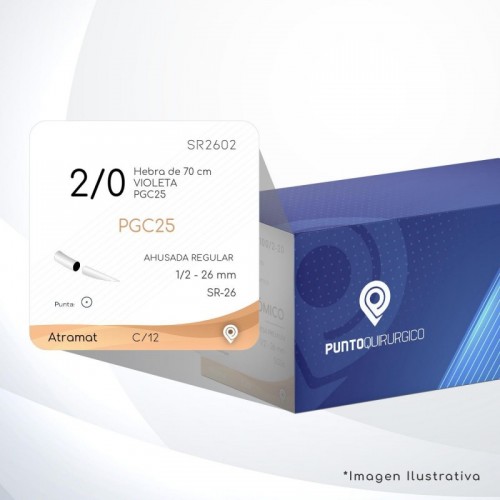 A+SR2602 2/0 Aguja 1/2 - 26 mm  AHUSADA REGULAR  SR-26 Hebra de 70 cm Tejidos cicatrizan Medianamente C/12