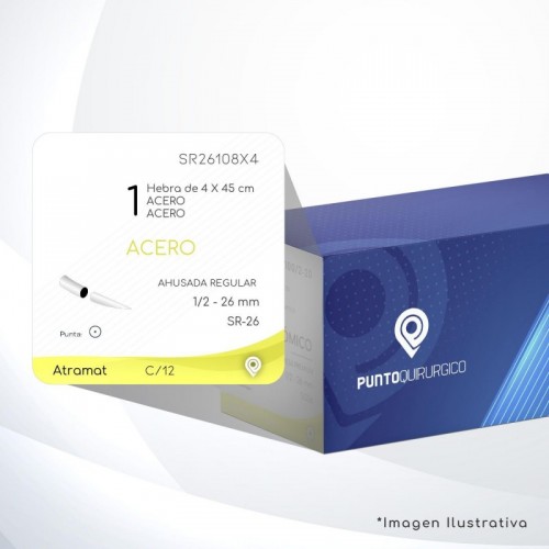 SR26108X4 1 Aguja 1/2 - 26 mm  AHUSADA REGULAR  SR-26 Hebra de 4 X 45 cm Cierre Esternón C/12