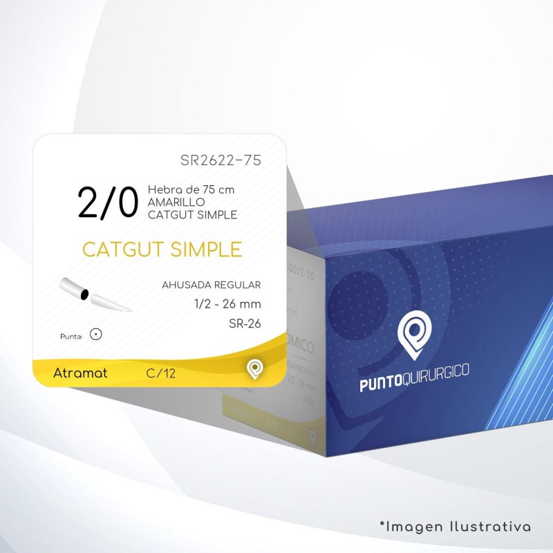SR2622-75 2/0 Aguja 1/2 - 26 mm  AHUSADA REGULAR SR-26 Hebra de 75 cm Cirugía General C/12