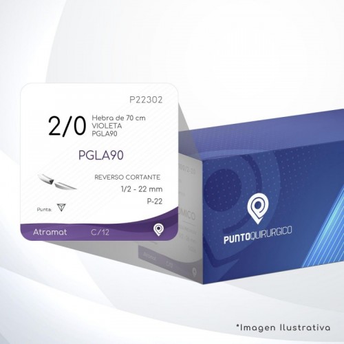 P22302 2/0 Aguja 1/2 - 22 mm  REVERSO CORTANTE  P-22 Hebra de 70 cm Cirugía General