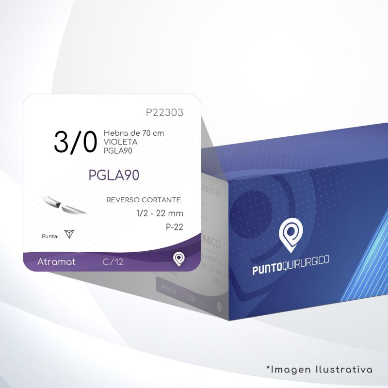 P22303 3/0 Aguja 1/2 - 22 mm  REVERSO CORTANTE  P-22 Hebra de 70 cm Cirugía General