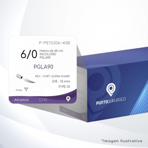 P-PE13306-45B 6/0 Aguja 3/8 - 13 mm  REVERSO CORTANTE SUPRA-SHARP P-PE-13 Hebra de 45 cm Cirugía General