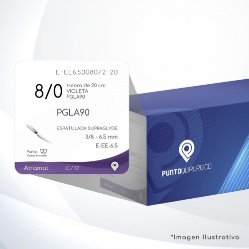 E-EE6.53080/2-20 8/0 Aguja 3/8 - 6.5 mm Doble Armado ESPATULADA SUPRAGLYDE DA E-EE-6.5 Hebra de 20 cm Cirugía General