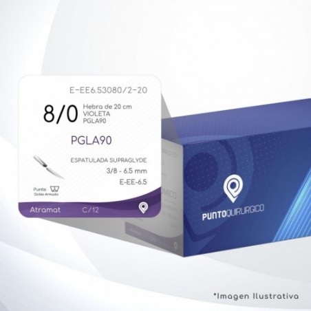 E-EE6.53080/2-20 8/0 Aguja 3/8 - 6.5 mm Doble Armado ESPATULADA SUPRAGLYDE DA E-EE-6.5 Hebra de 20 cm Cirugía General