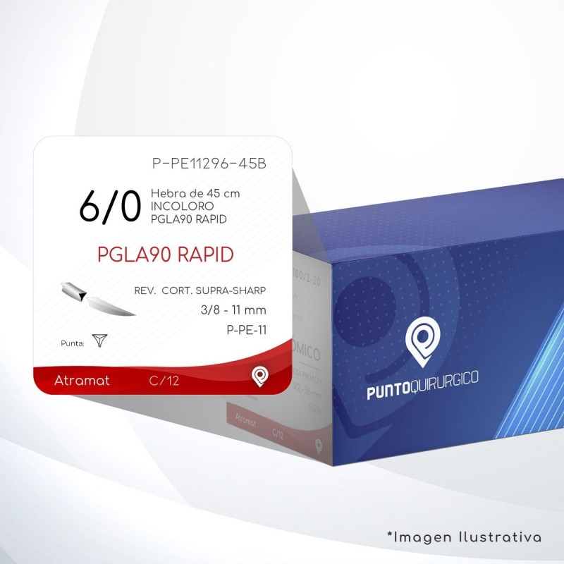 P-PE11296-45B 6/0 Aguja 3/8 - 11 mm  REVERSO CORTANTE SUPRA-SHARP P-PE-11 Hebra de 45 cm Tejidos que cicatrizan rápidamente C/12