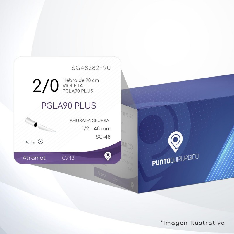 SG48282-90 2/0 Aguja 1/2 - 48 mm  AHUSADA GRUESA  SG-48 Hebra de 90 cm Cirugía General