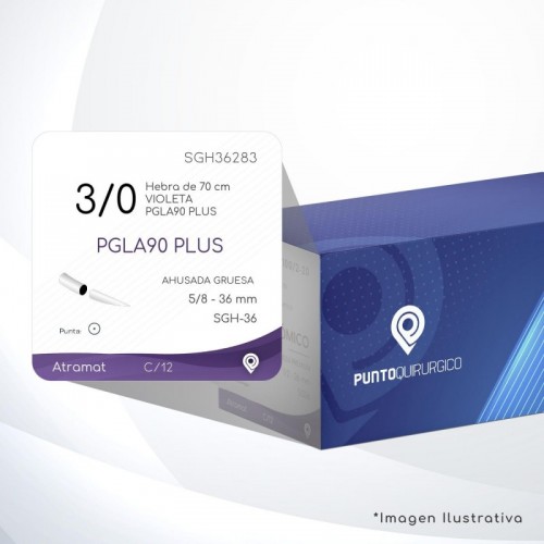 SGH36283 3/0 Aguja 5/8 - 36 mm  AHUSADA GRUESA  SGH-36 Hebra de 70 cm Cirugía General