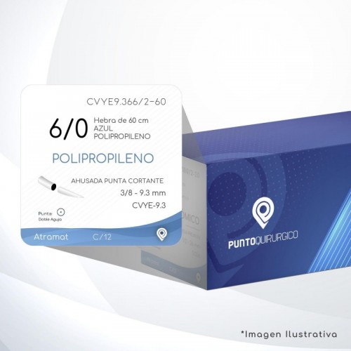 CVYE9.366/2-60 6/0 Aguja 3/8 - 9.3 mm Doble Aguja CV AHUSADA PUNTA CORTANTE  DA CVYE-9.3 Hebra de 60 cm Cirugía Cardiovascular