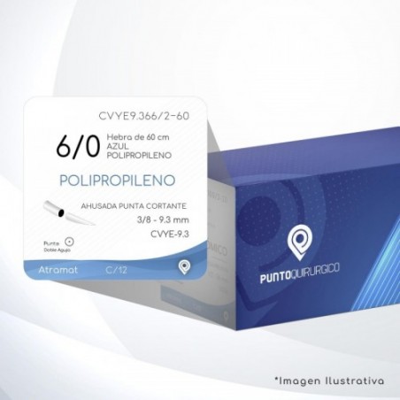 CVYE9.366/2-60 6/0 Aguja 3/8 - 9.3 mm Doble Aguja CV AHUSADA PUNTA CORTANTE  DA CVYE-9.3 Hebra de 60 cm Cirugía Cardiovascular