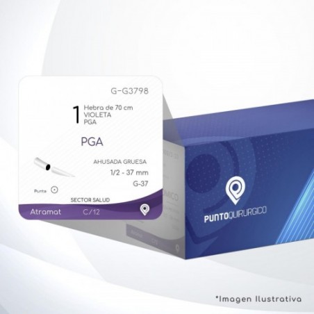 G-G3798 1 Aguja 1/2 - 37 mm  AHUSADA GRUESA  G-37 Hebra de 70 cm Cirugía General