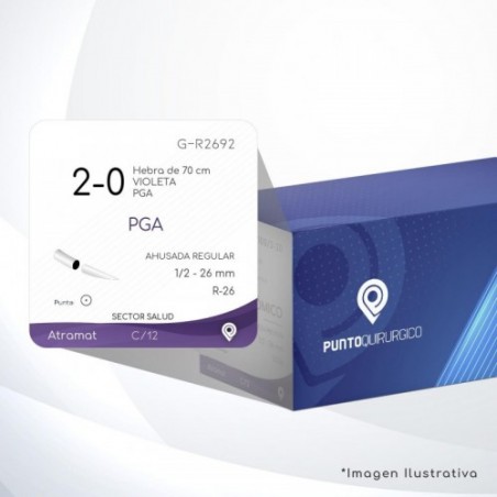 G-R2692 2-0 Aguja 1/2 - 26 mm  AHUSADA REGULAR R-26 Hebra de 70 cm Cirugía General