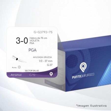 G-G3793-75 3-0 Aguja 1/2 - 37 mm  AHUSADA GRUESA  G-37 Hebra de 75 cm Cirugía General