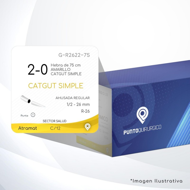 G-R2622-75 2-0 Aguja 1/2 - 26 mm  AHUSADA REGULAR R-26 Hebra de 75 cm Cirugía General C/12