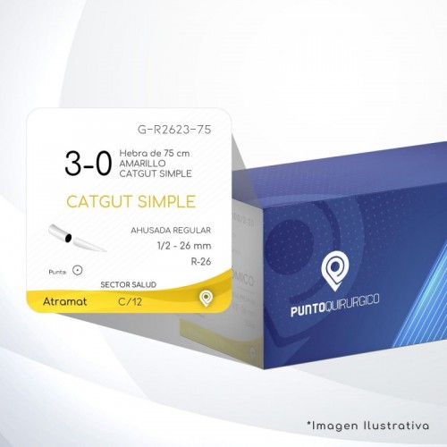 G-R2623-75 3-0 Aguja 1/2 - 26 mm  AHUSADA REGULAR R-26 Hebra de 75 cm Cirugía General C/12