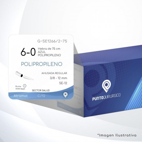 G-SE1266/2-75 6-0 Aguja 3/8 - 12 mm Doble Aguja AHUSADA REGULAR SE-12 Hebra de 75 cm Cirugía Cardiovascular