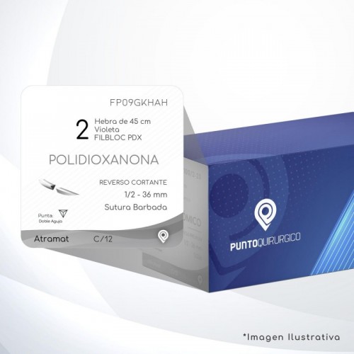 FP09GKHAH POLIDIOXANONA 2 Aguja 1/2 - 36 mm Doble Aguja REVERSO CORTANTE Sutura Barbada Hebra de 45 cm Uso: Ortopedia