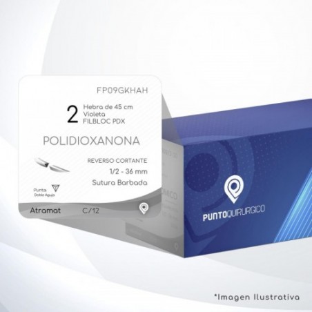 FP09GKHAH POLIDIOXANONA 2 Aguja 1/2 - 36 mm Doble Aguja REVERSO CORTANTE Sutura Barbada Hebra de 45 cm Uso: Ortopedia