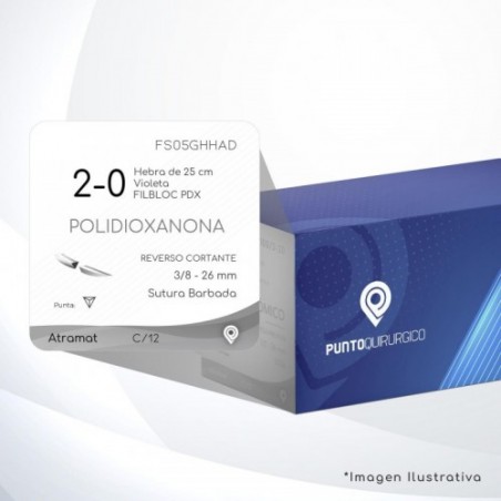 FS05GHHAD POLIDIOXANONA 2-0 Aguja 3/8 - 26 mm  REVERSO CORTANTE Sutura Barbada Hebra de 25 cm Uso: Cirugía Plástica