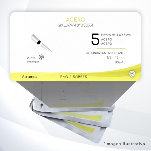 KW481050X4 5 Aguja 1/2 - 48 mm REDONDA PUNTA CORTANTE GRUESA KW-48 Hebra de 4 X 45 cm Cierre Esternón C/3 piezas