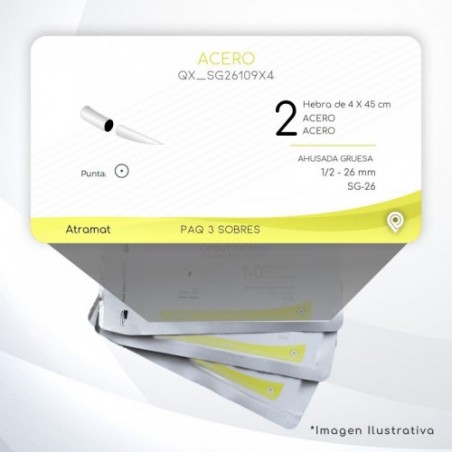 SG26109X4 2 Aguja 1/2 - 26 mm  AHUSADA GRUESA  SG-26 Hebra de 4 X 45 cm Cierre Esternón C/3 piezas