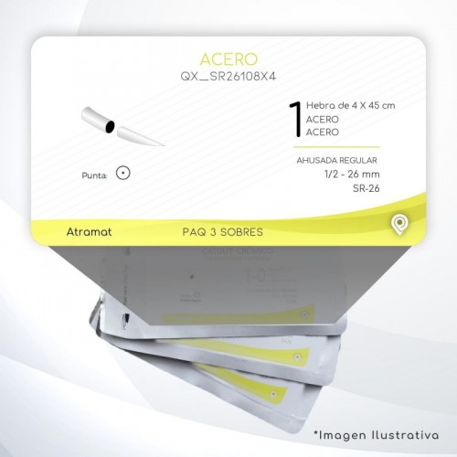 SR26108X4 1 Aguja 1/2 - 26 mm  AHUSADA REGULAR  SR-26 Hebra de 4 X 45 cm Cierre Esternón C/3 piezas