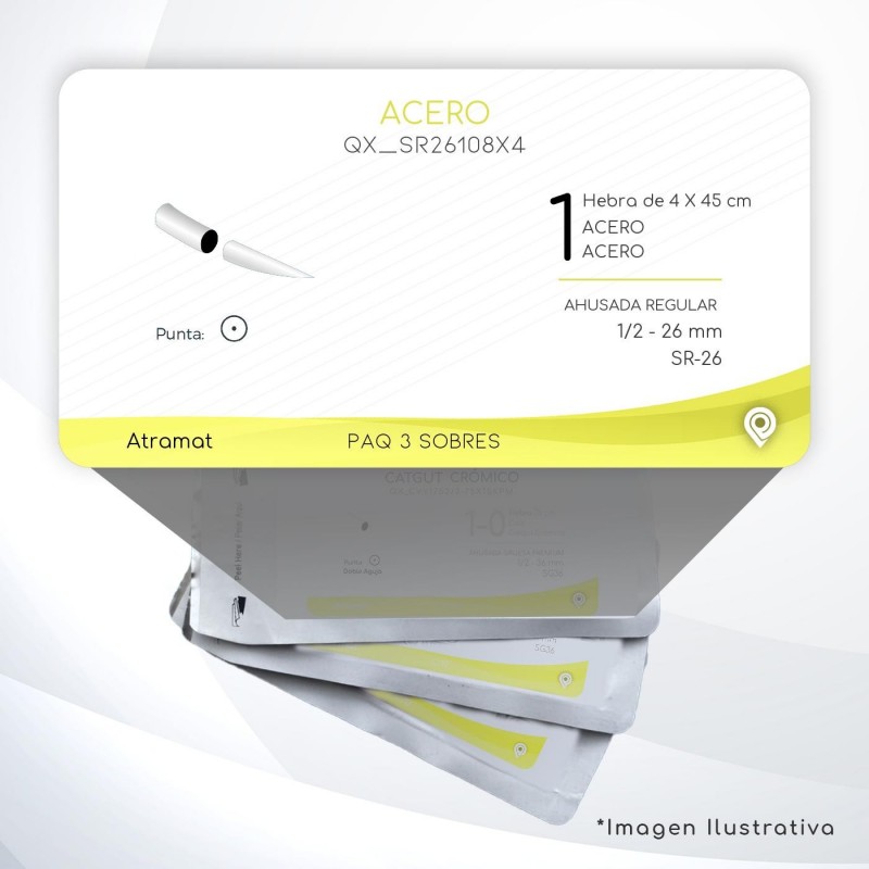 SR26108X4 1 Aguja 1/2 - 26 mm  AHUSADA REGULAR  SR-26 Hebra de 4 X 45 cm Cierre Esternón C/3 piezas