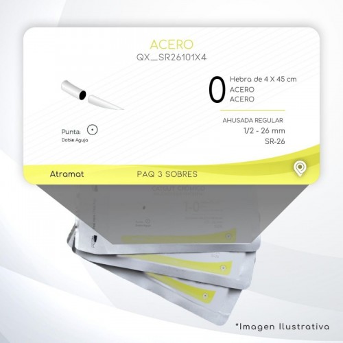SR26101X4 0 Aguja 1/2 - 26 mm AHUSADA REGULAR  SR-26 Hebra de 4 X 45 cm Cierre Esternón C/3 piezas