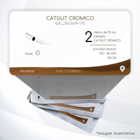 SG3619-75 2 Aguja 1/2 - 36 mm  AHUSADA GRUESA SG-36 Hebra de 75 cm Cirugía General