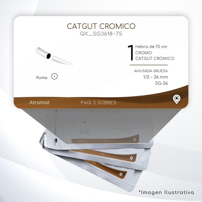 SG3618-75 1 Aguja 1/2 - 36 mm  AHUSADA GRUESA SG-36 Hebra de 75 cm Cirugía General