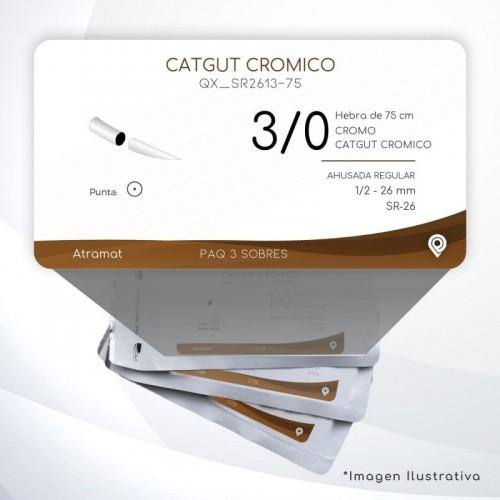 SR2613-75 3/0 Aguja 1/2 - 26 mm  AHUSADA REGULAR SR-26 Hebra de 75 cm Cirugía General