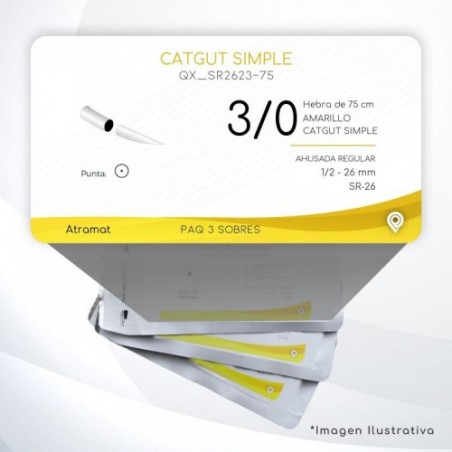 SR2623-75 3/0 Aguja 1/2 - 26 mm  AHUSADA REGULAR SR-26 Hebra de 75 cm Cirugía General C/3 piezas