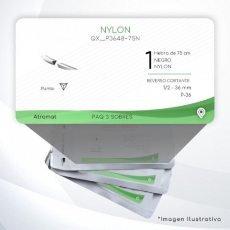 P3648-75N 1 Aguja 1/2 - 36 mm  REVERSO CORTANTE  P-36 Hebra de 75 cm Cirugía General