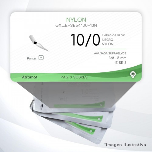 E-SE54100-13N 10/0 Aguja 3/8 - 5 mm  AHUSADA SUPRAGLYDE E-SE-5 Hebra de 13 cm Cirugía General