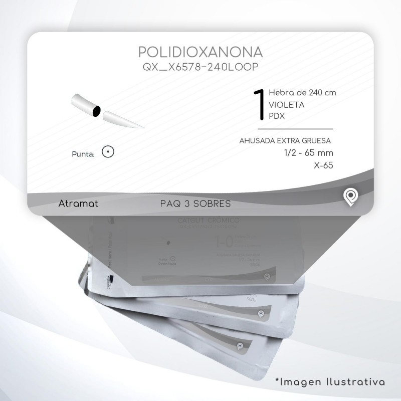 X6578-240LOOP 1 Aguja 1/2 - 65 mm  AHUSADA EXTRA GRUESA  X-65 Hebra de 240 cm Tejidos difícil cicatrización C/3 piezas