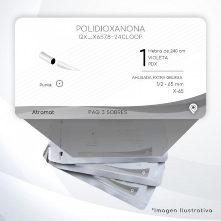 X6578-240LOOP 1 Aguja 1/2 - 65 mm  AHUSADA EXTRA GRUESA  X-65 Hebra de 240 cm Tejidos difícil cicatrización C/3 piezas