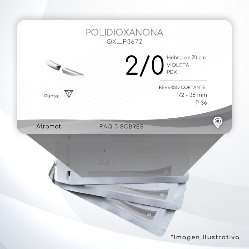P3672 2/0 Aguja 1/2 - 36 mm  REVERSO CORTANTE  P-36 Hebra de 70 cm Tejidos difícil cicatrización C/3 piezas