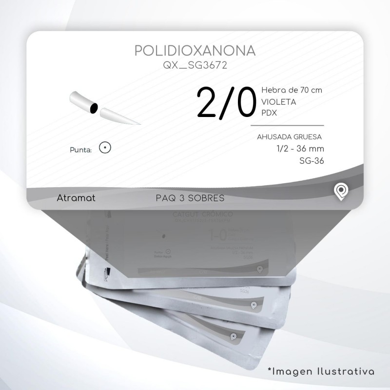 SG3672 2/0 Aguja 1/2 - 36 mm  AHUSADA GRUESA  SG-36 Hebra de 70 cm Tejidos difícil cicatrización C/3 piezas