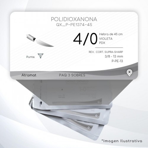 P-PE1374-45 4/0 Aguja 3/8 - 13 mm  REVERSO CORTANTE SUPRA-SHARP P-PE-13 Hebra de 45 cm Tejidos difícil cicatrización C/3 piezas