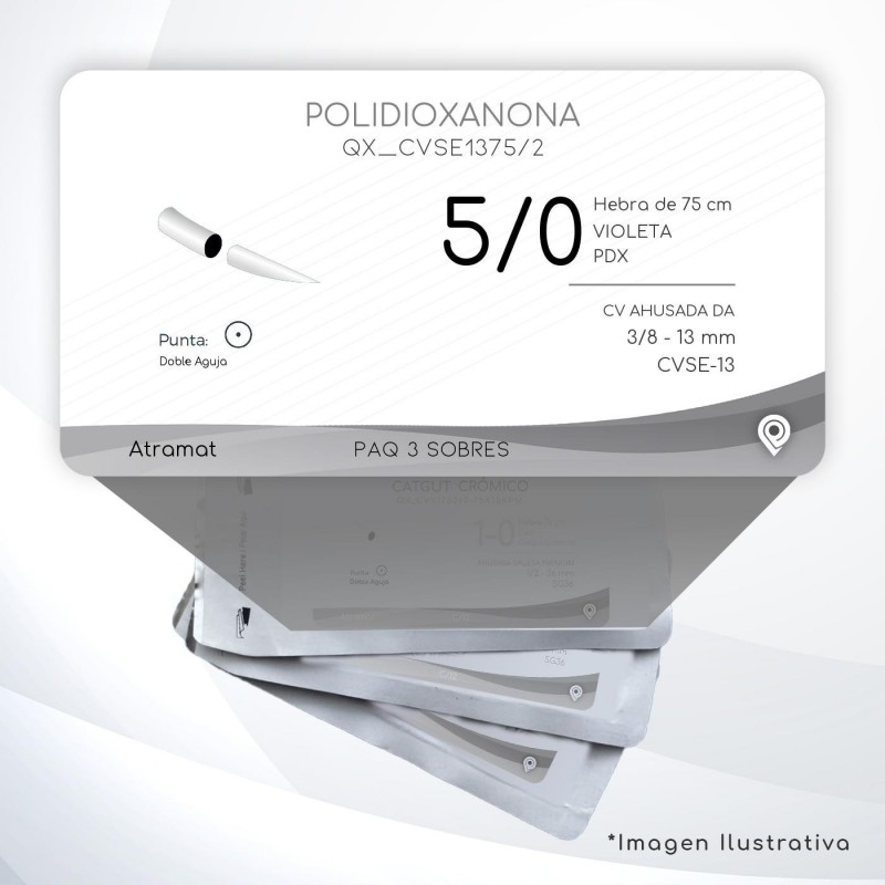 CVSE1375/2 5/0 Aguja 3/8 - 13 mm Doble Aguja CV AHUSADA DA CVSE-13 Hebra de 75 cm Tejidos difícil cicatrización C/3 piezas