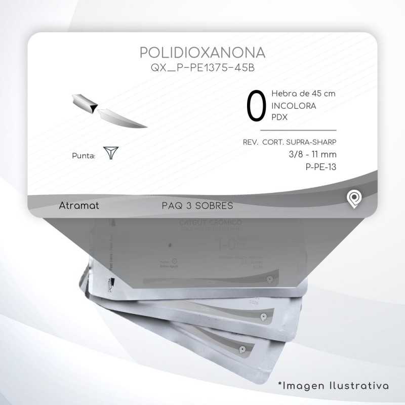 P-PE1375-45B 0 Aguja 3/8 - 11 mm  REVERSO CORTANTE SUPRA-SHARP P-PE-13 Hebra de 45 cm Tejidos difícil cicatrización C/3 piezas