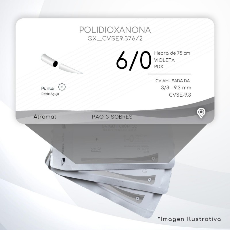 CVSE9.376/2 6/0 Aguja 3/8 - 9.3 mm Doble Aguja CV AHUSADA DA  CVSE-9.3 Hebra de 75 cm Tejidos difícil cicatrización C/3 piezas