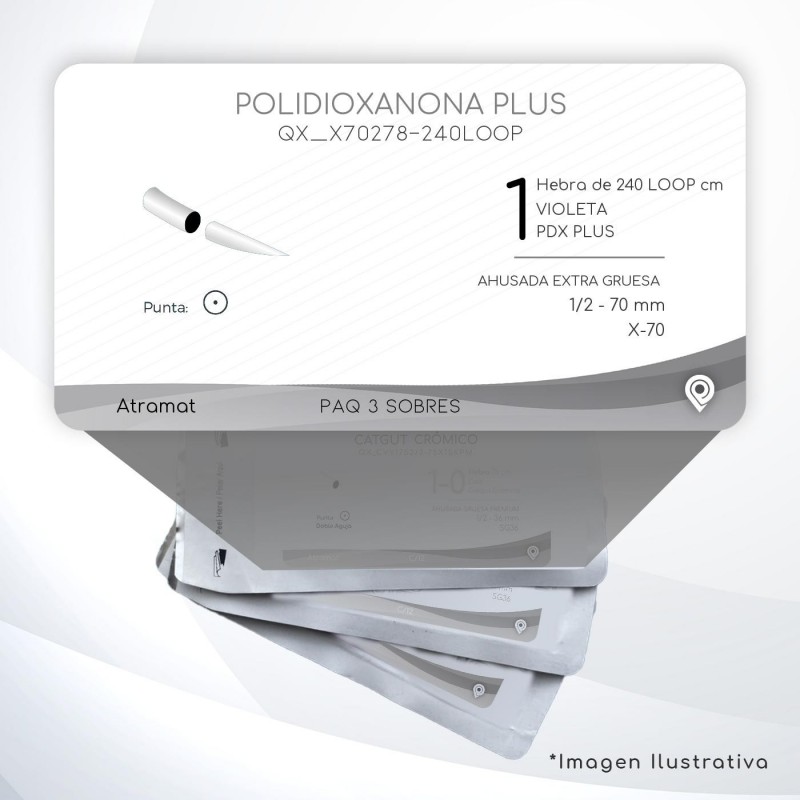 X70278-240LOOP 1 Aguja 1/2 - 70 mm  AHUSADA EXTRA GRUESA  X-70 Hebra de 240 LOOP cm Tejidos difícil cicatrización C/3 piezas