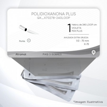 X70278-240LOOP 1 Aguja 1/2 - 70 mm  AHUSADA EXTRA GRUESA  X-70 Hebra de 240 LOOP cm Tejidos difícil cicatrización C/3 piezas