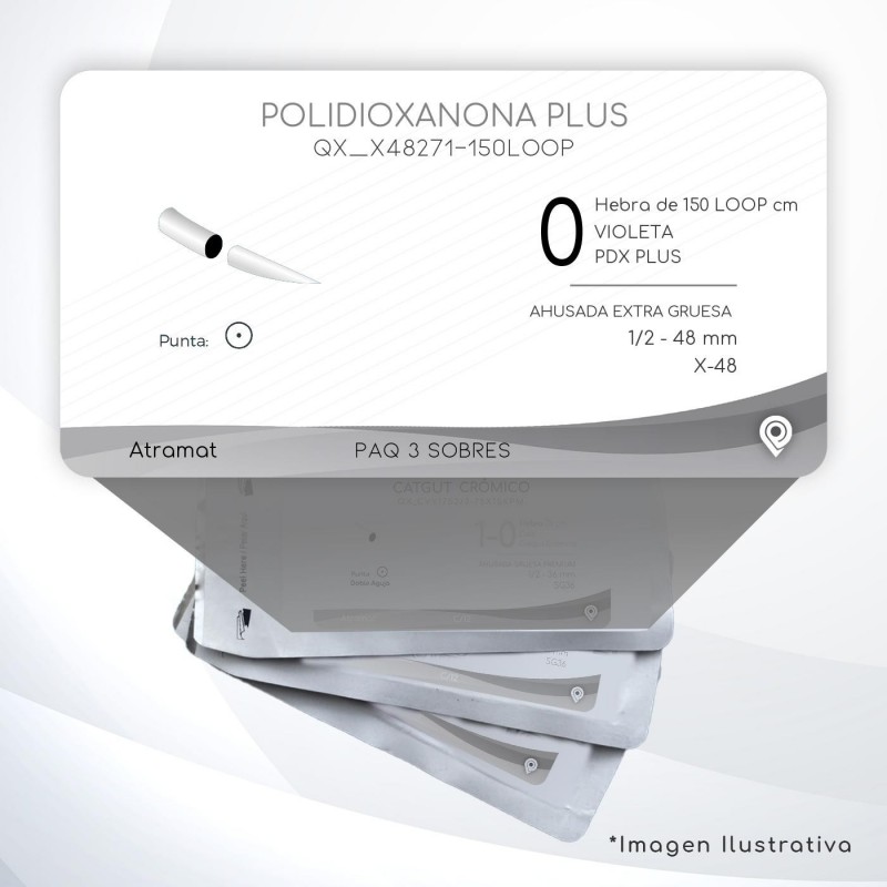 X48271-150LOOP 0 Aguja 1/2 - 48 mm  AHUSADA EXTRA GRUESA  X-48 Hebra de 150 LOOP cm Tejidos difícil cicatrización C/3 piezas