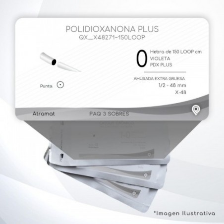X48271-150LOOP 0 Aguja 1/2 - 48 mm  AHUSADA EXTRA GRUESA  X-48 Hebra de 150 LOOP cm Tejidos difícil cicatrización C/3 piezas