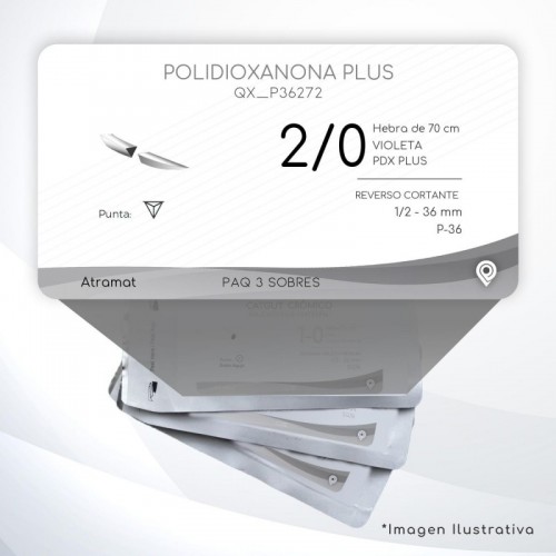 P36272 2/0 Aguja 1/2 - 36 mm  REVERSO CORTANTE  P-36 Hebra de 70 cm Tejidos difícil cicatrización C/3 piezas