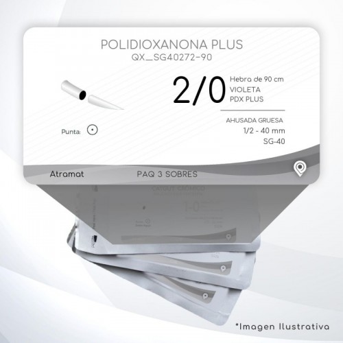 SG40272-90 2/0 Aguja 1/2 - 40 mm  AHUSADA GRUESA  SG-40 Hebra de 90 cm Tejidos difícil cicatrización C/3 piezas