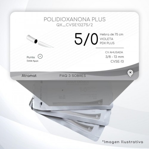 CVSE13275/2 5/0 Aguja 3/8 - 13 mm Doble Aguja CV AHUSADA  CVSE-13 Hebra de 75 cm Tejidos difícil cicatrización C/3 piezas